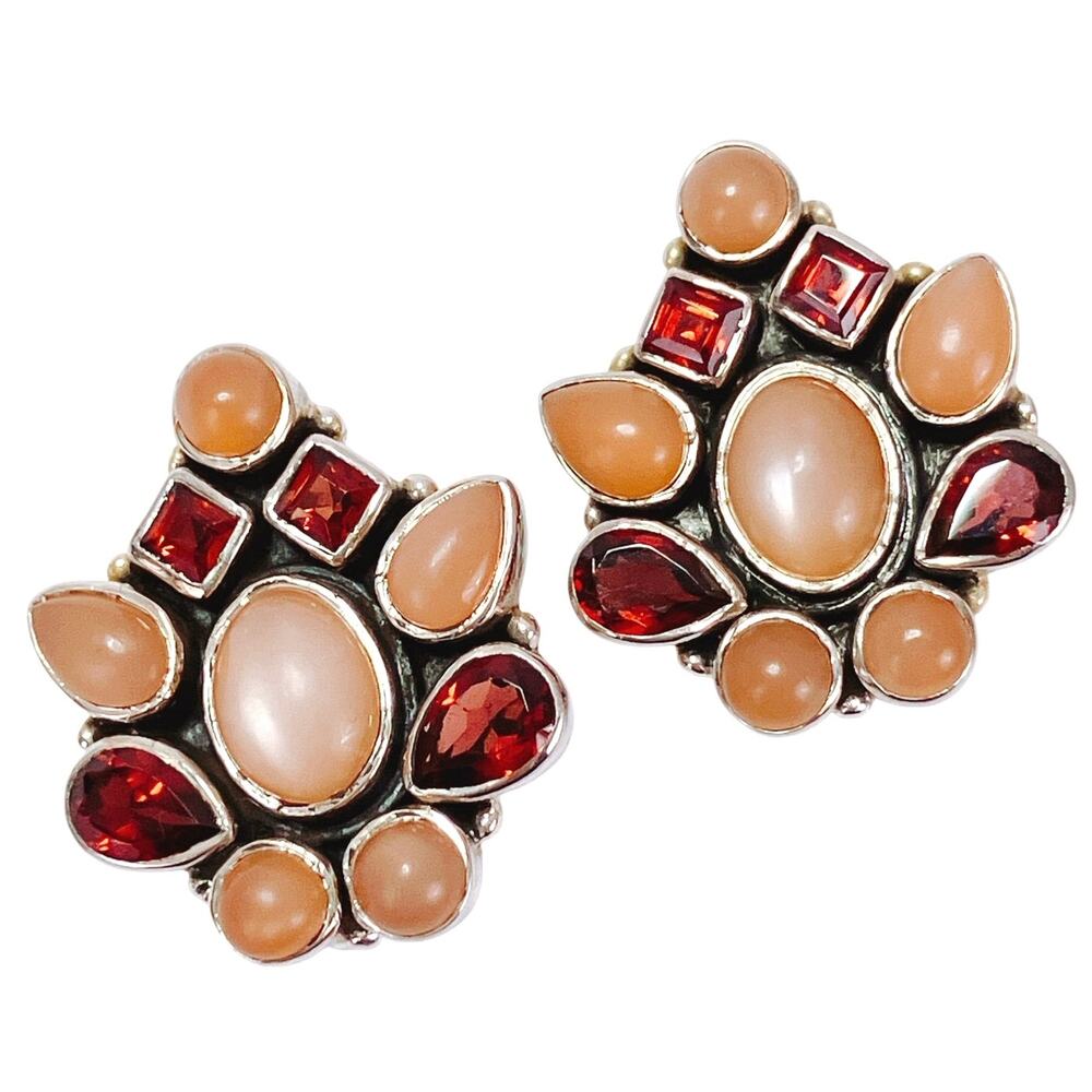 Signed Nicky Butler Sterling Silver Peach Moonstone Garnet Clip On Earrings Y2K